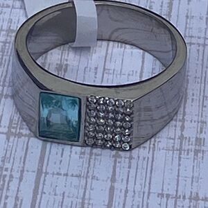 Men's Stainless Steel Ring with Aqua Stone and Pave size 10